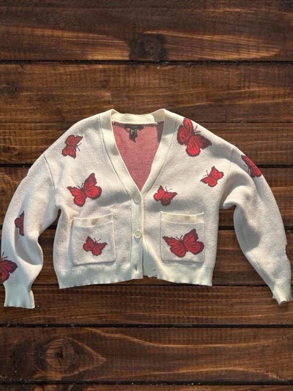Forever 21 White Cardigan with Red Butterfly Motif